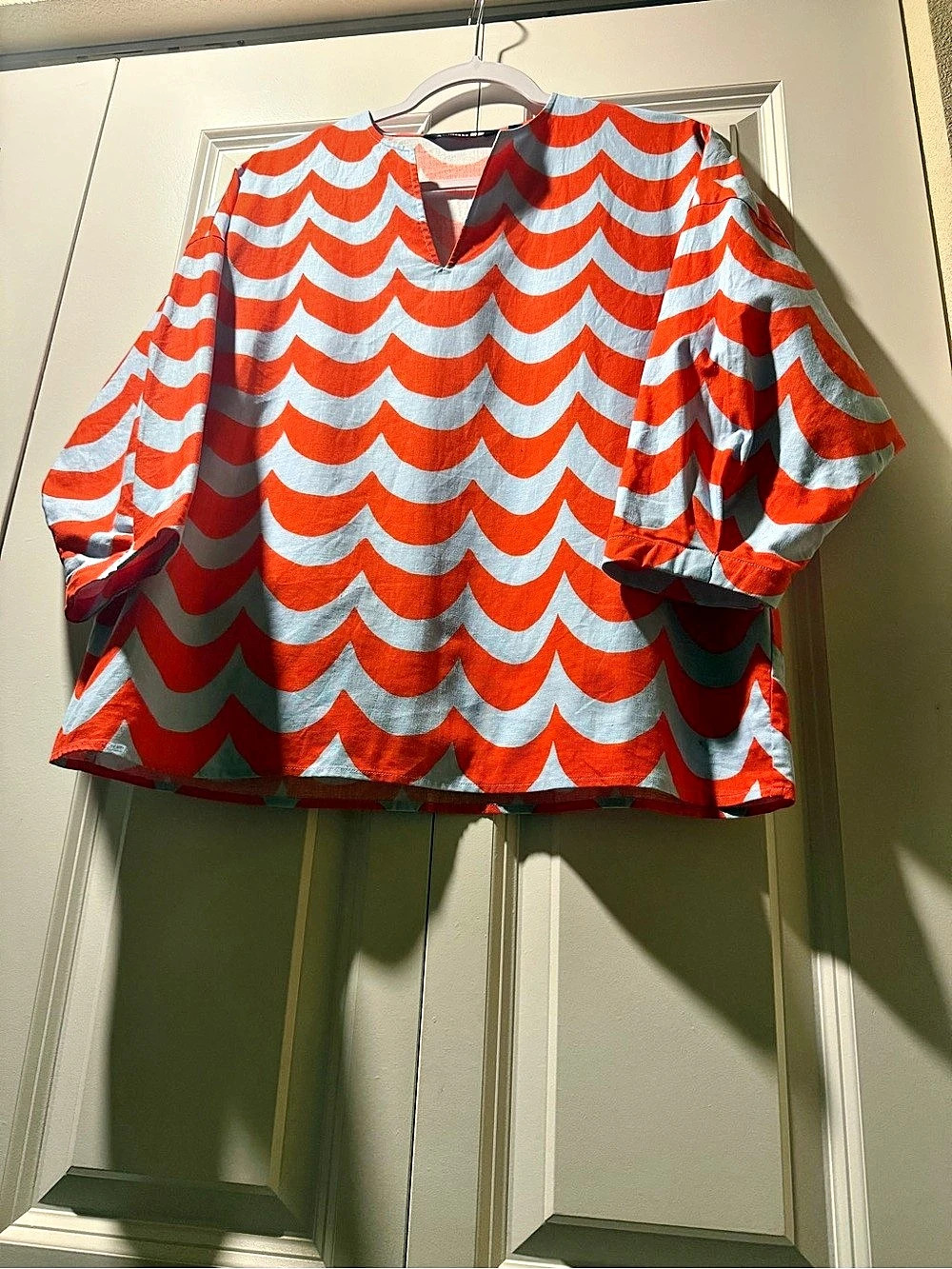 UNIQLO x Marimekko Wave Print 3/4 Sleeve Shirt Orange Blue S